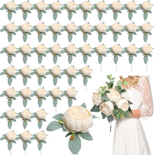 50Pcs Artificial Peonies Flowers Bulk, 4’’ - Champagne by Scawim