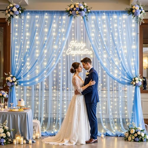 10×15ft Baby Blue Sheer Tulle Backdrop Curtains with Lights String for Parties Baby Shower Decorations for Boy Bridal Shower Birthday Party Photo Shoot Background Wall Decorations 2 Panels 5×15ft - Image 3