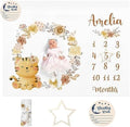 Personalized Baby Monthly Milestone Blanket Boy or Girl - Tiger Print Months Blanket with Wood Frame and Newborn Wooden Sign - Growth Chart Milestone Blanket 1-12 Month Milestones by Dyoart