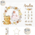 Personalized Baby Monthly Milestone Blanket Boy or Girl - Tiger Print Months Blanket with Wood Frame and Newborn Wooden Sign - Growth Chart Milestone Blanket 1-12 Month Milestones by Dyoart