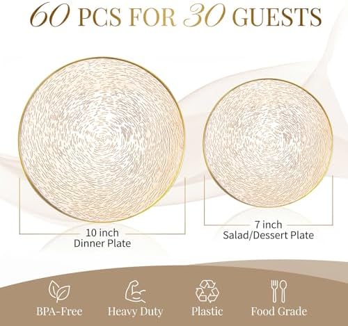 Liacere 60Pcs Brown Plastic Plates-Disposable Plates With Gold Rim,Heavy-duty Amber Plates,Water ripples Party Plates Include 30 Dessert-Platos,30 Dinner-Platos for Wedding&Thanksgiving&Fall Party - Image 3