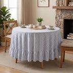 Eternal Beauty Striped Ruffled Round Tablecloth 60 Inch Blue White - Image 2