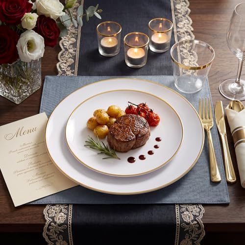 KIRE 60PCS Gold Plastic Plates - Heavy Duty White Disposable Plates with Gold Rim - Include 30Pieces 10.25inch Dinner Plate and 30Pcs 7.5inch Dessert Plate for Wedding/Spring/Graduation/Party - Image 2