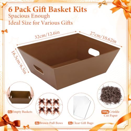 EVELOMO 6 Pack Empty Gift Baskets to Fill - 12" x 10" Large Baskets for Gifts Empty, Sturdy DIY Gifts Baskets Sets with 500g Crinkle Cut Papers for Birthdays Weddings Parties and Holidays (Brown) - Image 3
