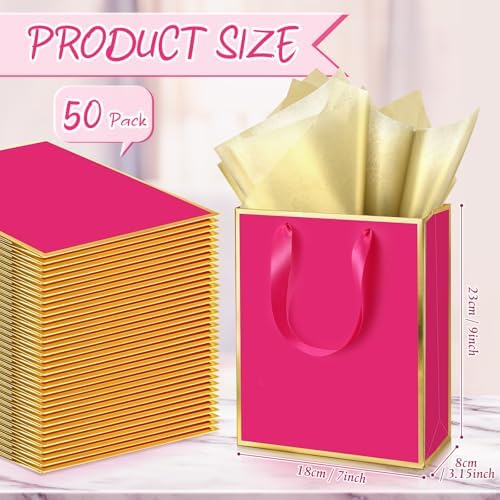 Yeaqee 50 Pcs Metallic Paepr Gift Bags Bulk with Handles,Hot Pink, Gold - Image 2