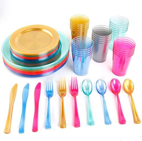 WDF 25 Guest Green Plastic Plates with Disposable Silverware&Green Cups-Neon Clear Plastic Dinnerware include 25 Dinner & Salad Plates,25 Forks, 25 Knives, 25 Spoons,25 Cups for Party - Image 3