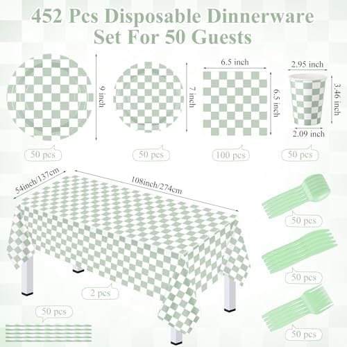 Funnymoom 452 Pcs Sage Green Gingham Party Supplies for 50, Light Green and White Checkered Gingham Paper Plates Napkins Cups Tablecloth Cutlery Straw for Picnic Birthday Baby Shower Decoration - Image 3