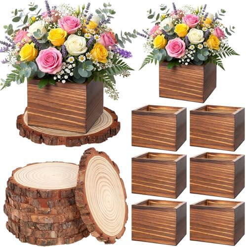 Leinuosen 16 Pcs Wedding Centerpieces Decor Set 8 x 4-inch Rustic Wood Cube Planter Box with 8 x Natural Wood Slices Tabletop Floral Arrangements for Baby Shower Home Garden Decorations(Brown) by Leinuosen