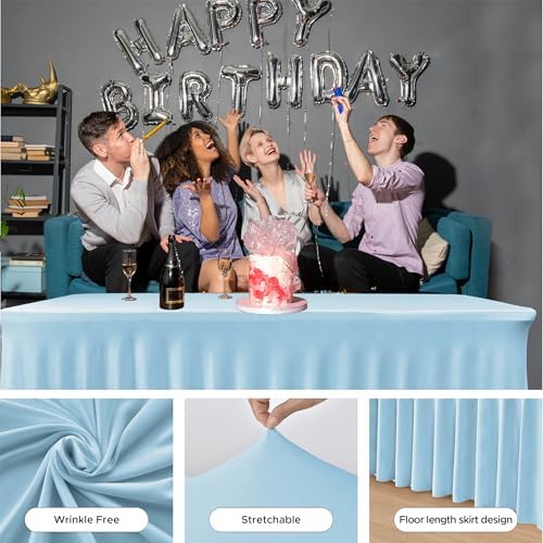 6 Pack Baby Blue Spandex Table Covers 6ft Rectangle Ruffle Skirts for Party - Image 4