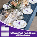100 Pack Pre Rolled Purple Plastic Silverware with Napkins - Image 6