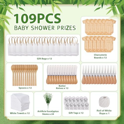 Baby Shower Prizes for Game Winners Bodysuit Shaped Cheese Board Gift with Spoons Butter Spreaders Gift Bags Kitchen Towels Bridal Shower Party Favors for Guests (Bodysuit Shaped, 12 Sets) - Image 3
