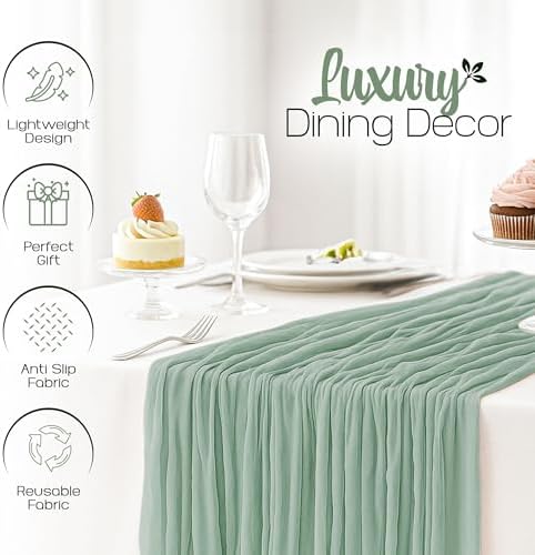 12 Pack Sage Green Cheesecloth Table Runners 10FT Long – 35 x 120 Inch Boho Gauze Table Runners for Engagement, Wedding, Baby Shower & Home Decor – Soft Wrinkled Polyester Fabric - Image 5