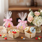 Kigley 24 Set Pink Gingham Wooden Gift Baskets with Cellophane Bags Bows - Image 5