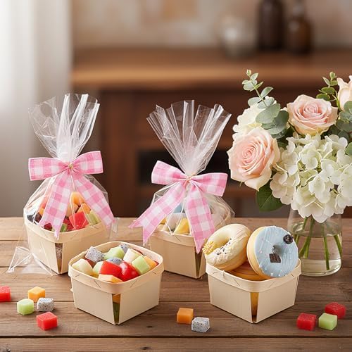 Kigley 24 Set Pink Gingham Wooden Gift Baskets with Cellophane Bags Bows - Image 5