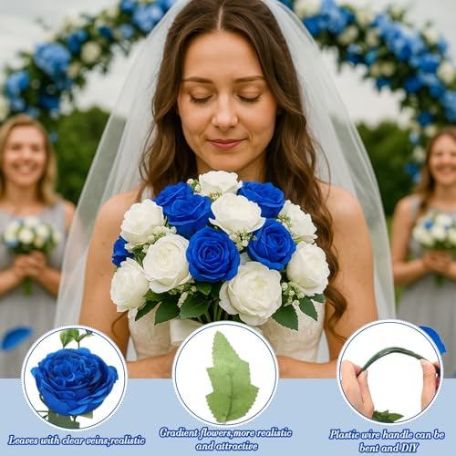 Geosar 8 Bundles Artificial Peonies Flowers,Royal Blue, White - Image 3