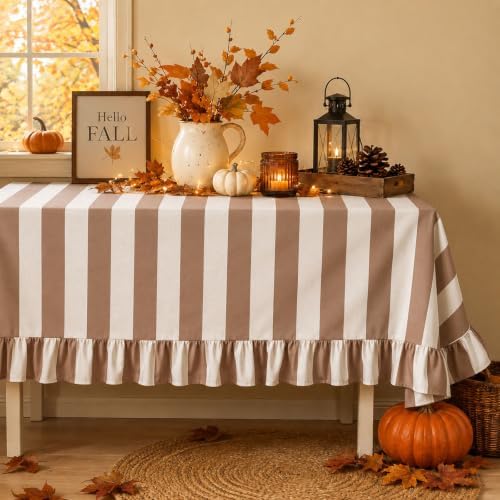 JarThenaAMCS Ruffle Tablecloth Table Cloth Beige Brown Striped Rectangle Decorative Table Cover for Baby Shower Home Kitchen Farmhouse Party Wedding Decor, 55 x 70 Inch by JarThenaAMCS