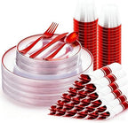 SUT 350 Pcs Red and Clear Plastic Dinnerware Set for 50 Guests, Include: 50 Dinner Plates, 50 Dessert Plates, 50 Pre Rolled Napkins With Silverware, 50 Cups, Disposable Plates for Party by SeeYouTomorrow