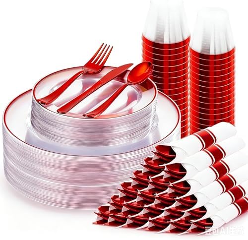 SUT 350 Pcs Red and Clear Plastic Dinnerware Set for 50 Guests, Include: 50 Dinner Plates, 50 Dessert Plates, 50 Pre Rolled Napkins With Silverware, 50 Cups, Disposable Plates for Party by SeeYouTomorrow