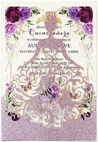 5.12 x7.28 inch 50PCS Personalized Purple Glitter Quinceanera Invitations Kit Laser Cut Hollow Girl Princess Quinceañera Invitations with Envelopes for Quinceanera Bridal Shower Invite by KUCHYNEE