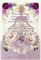 5.12 x7.28 inch 50PCS Purple Glitter Quinceanera Invitations Kit Laser Cut Hollow Girl Princess Quinceañera Invitations with Envelopes for Quinceanera Bridal Shower Invite by KUCHYNEE