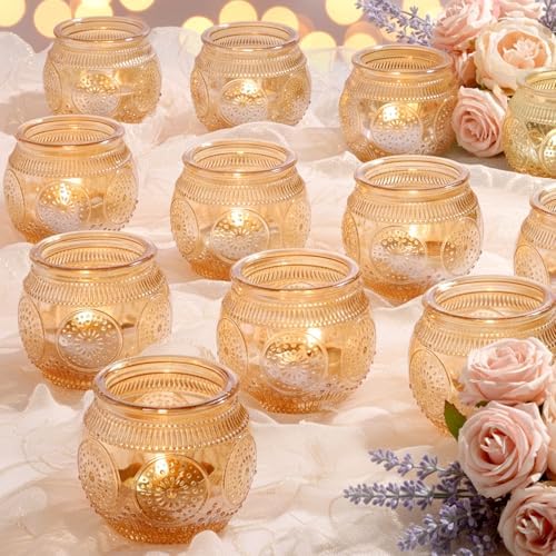 24 Pcs Gold Candle Holders Bulk- Floral Style Tealight Candle Holders for Wedding Table Decor, Gold Centerpieces for Table, Bridal Shower, Birthday, Reception Party Decorations by LAMORGIFT