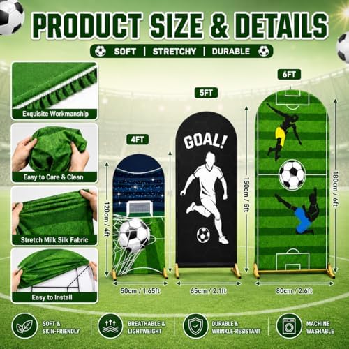 Cinrobiye 3Pcs Soccer Arch Backdrop Cover Set, 4ft 5ft 6ft Spandex Soccer Photo Booth Props, Sports Birthday Party Decorations, Goal Party Background Stand Cover for Game Day Indoor Outdoor Decor - Image 2