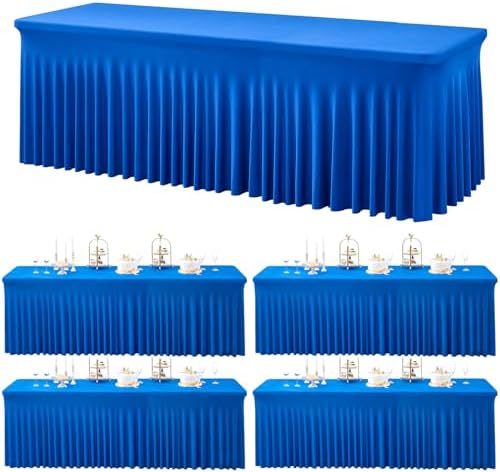 4 Pack Spandex Royal Blue Tablecloths for 8 Foot Rectangle Tables, Wrinkle Free Fitted Table Cloth 8ft Blue Stretchy Tablecover Skirt for Parties Weddings Birthday Banquet Baby Shower by Htper