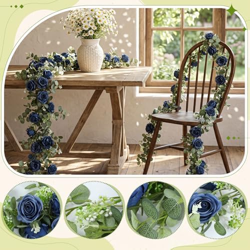 Riceshoot 4 Pcs 26 ft Artificial Eucalyptus Vines Garland with Flowers Faux Floral Greenery Garlands Rose Wreath for Wedding Party Arch Table Decor Backdrop Decorations (Dusty Blue) - Image 3