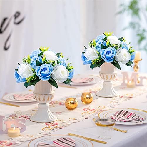 Sziqiqi Silk Rose Flower Balls for Table Centerpieces, Blue&White, 6Pcs - Image 2