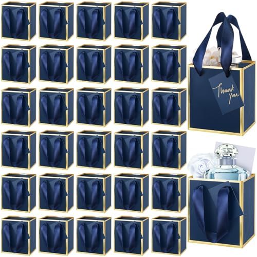 Yeaqee 100 Pcs Mini Paper Gift Bags with Handles Tag, Navy Blue, Gold by Yeaqee