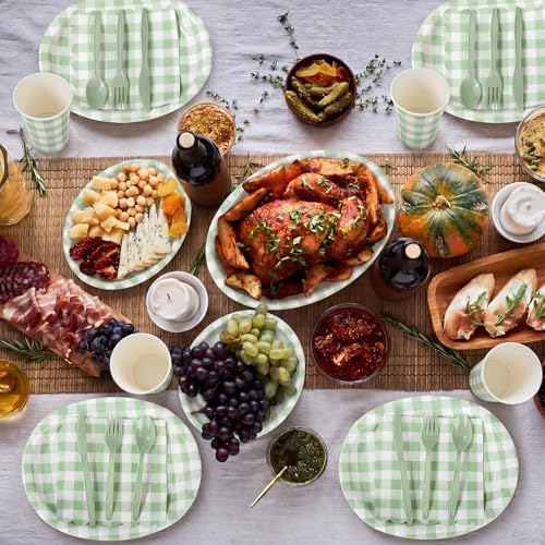 Pajean 350 Pcs Gingham Paper Plates and Napkins, Green White - Image 6