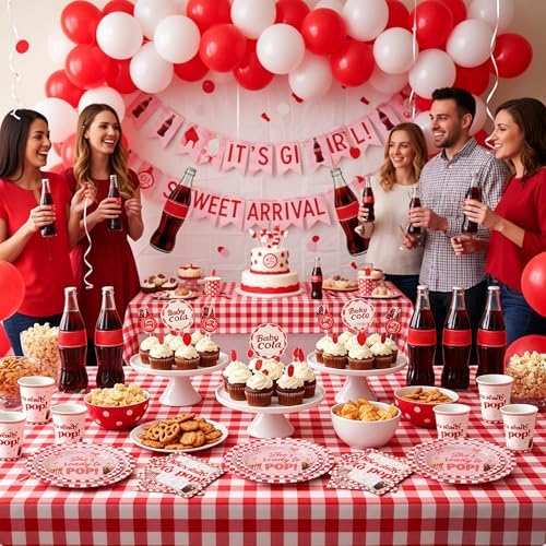 FoldTier 250 Pcs She's Ready to Pop Baby Shower Decorations Paper Plates and Napkins Cups Red and White Tableware Set for 50 Guests Disposable for Baby Shower Gender Reveal Birthday Party Supplies - Image 4