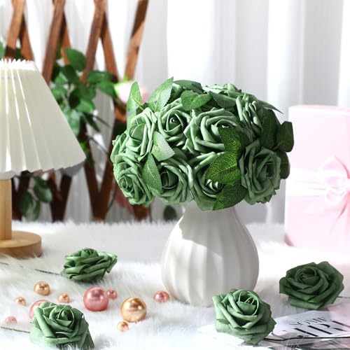 100 Pcs Artificial Foam Rose Flower Faux Bouquet Wedding Fake Rose Gift for Mother's Day Women DIY Bridal Shower Party Table Birthday Home Spring Decor (Elf Green) - Image 4