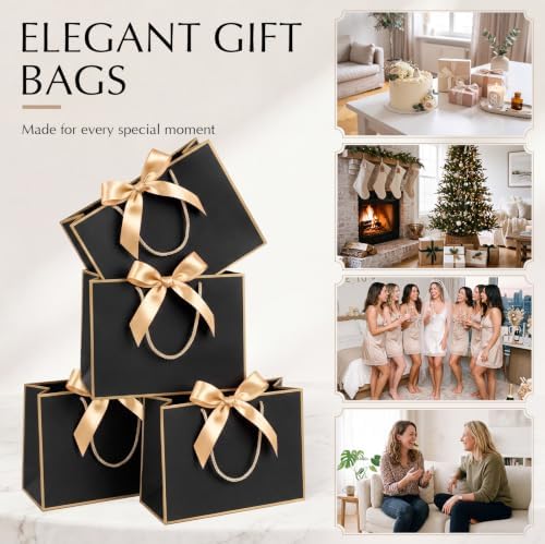 Silkfly 24 Pcs Paper Gift Bags with Handles & Bow Ribbon, Black, Gold - Image 6