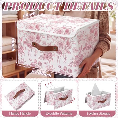 2 Pack Pink Floral Storage Bin with Lids, 15x10x10 Inch - Image 2