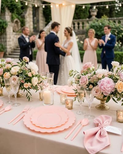 150Pcs Pink Plastic Plates Heavy Duty Dinnerware Set for Party - Image 4