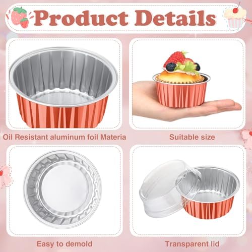 200 Pack Aluminum Cupcake Liners with Lids,Rose Silver,Plain - Image 3