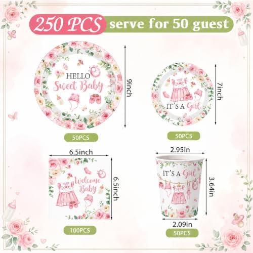 Pickmesh 250 Pcs Pink Floral Baby Girl Disposable Tableware Set Hello Sweet Baby Paper Plates Napkins Cups Cutlery for Gender Reveal Birthday Party Supplies Babies Shower, Serve 50 Guest - Image 3