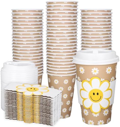 Whaline 50 Pcs Summer Daisy Disposable kraft Paper Cups with Lids and Sleeves 16 Oz Boho Groovy Smile Daisy Flower Coffee Cups for Summer Wedding Birthday Table Decor Party Supplies by Whaline