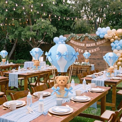 Meooeck 4 Sets Bear Hot Air Balloon Baby Shower Centerpiece, Blue - Image 4