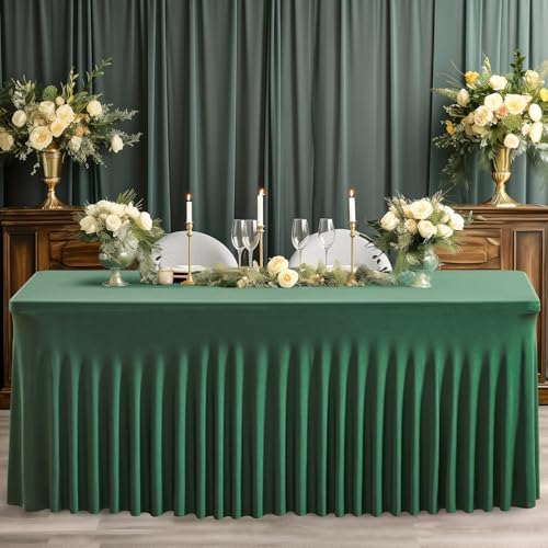 Wish Care 6 Pack Hunter Green Stretch Spandex Table Clothes for 4 Foot Rectangle Tables, 4FT Wrinkle Free Fitted Tablecloths Ruffles Design Table Cover for Party, Banquet, Wedding and Events - Image 4