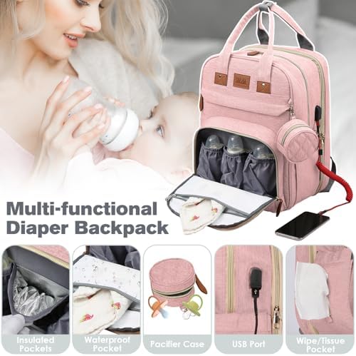 JSTPRO Large Diaper Bag Backpack with Changing Station, Pink - Image 4