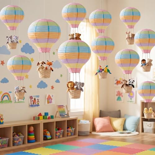 Meooeck 10 Pcs Hanging Hot Air Balloon Decorations Paper Lanterns 12 Inch Reusable Hot Air Balloon Decor Paper Lanterns Set for DIY Craft Wedding Birthday Christmas Home Living Room (Colorful) - Image 6