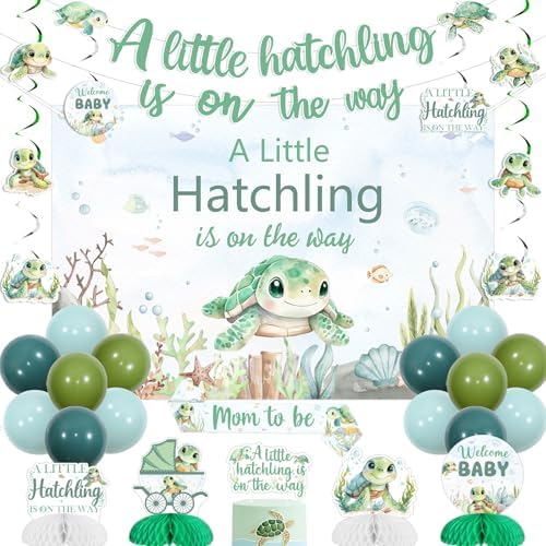 Jollyboom Sea Turtle Baby Shower Decorations, a Little Hatchling Is On The Way Backdrop Banner Cake Topper Sash Balloons Hanging Swirls Ceiling Streamers Table Honeycomb Centerpieces by Jollyboom