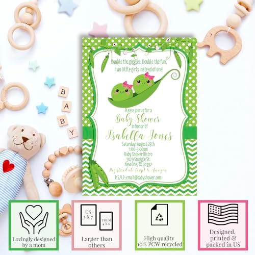 Amanda Creation Custom Invites Pea Pod Twin Girl Baby Shower Invitation 20 5x7 Custom Personalized Twin Girl Baby Shower Invites With Envelopes - Image 2