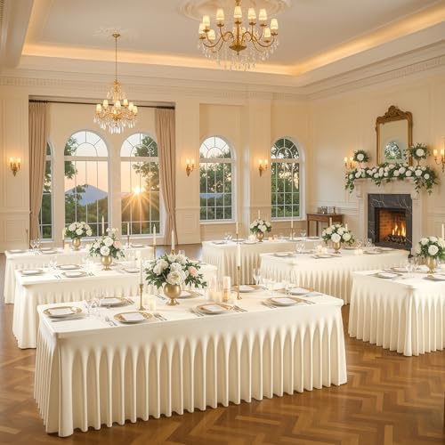 Champagne Table Cloth for 8 Foot Rectangle Tables Fitted Stretch Spandex Table Cover with Skirt 8ft Baby Shower Birthday Party Banquet Ruffle Tablecloth Wedding Table Cloths Desk Skirt, 2 Pack - Image 7