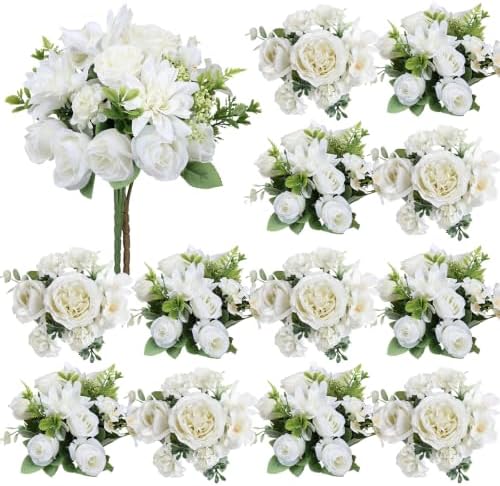 White Peonies Dahlia Artificial Flowers Bulk, 12 Bundles by Nagobi