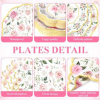 LemonRoad 452 Pcs Pink Floral Party Supplies for 50, Pink Floral Paper Plates Napkins Cups Tablecloth Cutlery Straws Disposable Tableware for Bridal Shower Baby Shower Birthday Tea Party Decorations - Image 2