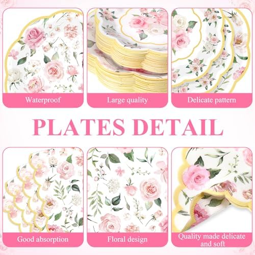 LemonRoad 452 Pcs Pink Floral Party Supplies for 50, Pink Floral Paper Plates Napkins Cups Tablecloth Cutlery Straws Disposable Tableware for Bridal Shower Baby Shower Birthday Tea Party Decorations - Image 2