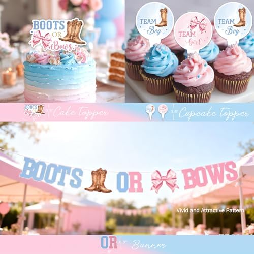 Boots or Bows Gender Reveal Party Supplies Tableware Set, 177 PCs Gender Reveal Table Decorations with Plates, Napkins, Forks, Banner, Tablecloths or Boys Or Girls Party Test Kit, Serves 24 - Image 4